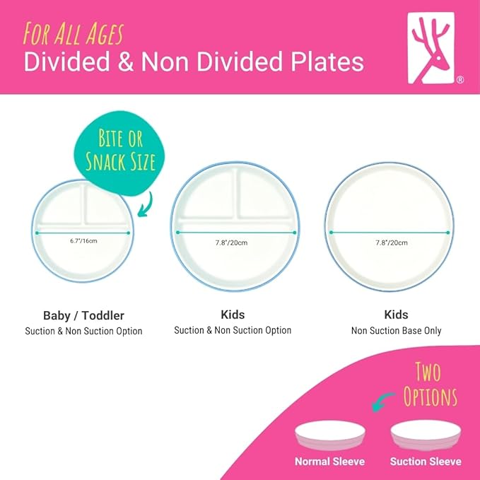 Elk and Friends Kids 6.7” Porcelain Divided Plates with Silicone Suction Sleeves | Suitable for Babies/Kids/Toddlers | Microwave & Dishwasher Safe | Non Slip | Snack Dishes | 2 Pack