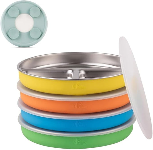 Elk and Friends Stainless Steel Divided Plates with Silicone Sleeve for Babies & Toddlers | Lids Included | Stay Put Suction | Dinner & Snack Plates | 4 Pack