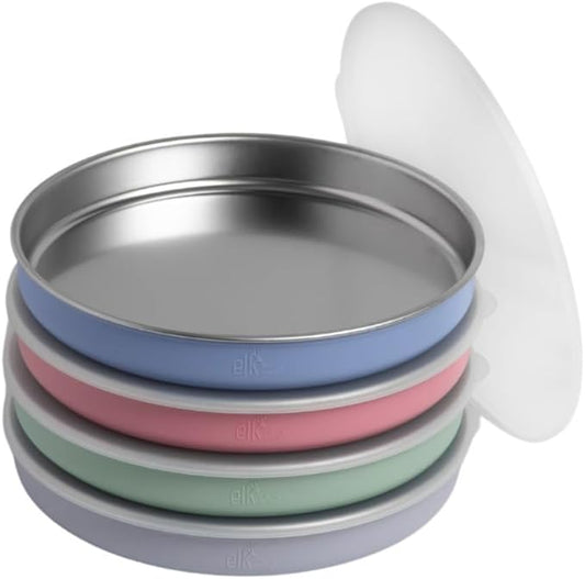 Elk and Friends 7.8” Stainless Steel Non Divided Plates with Silicone Sleeve + Storage Lid | Baby, Toddler, Kids | Dishwasher Safe | Dinner & Snack Plates | 4 Pack