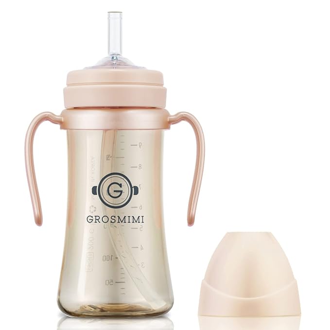 GROSMIMI Spill Proof no Spill Magic Sippy Cup with Straw with Handle for Baby and Toddlers, Customizable, PPSU, BPA Free 10 oz (Peach)