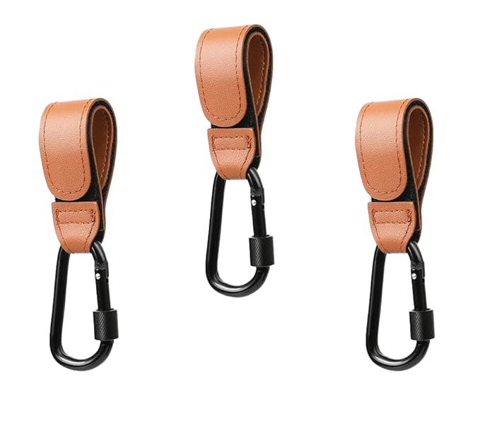 3 Pcs Baby Stroller Hook, Carry 20 lbs per Stroller Carabiner Clip, Adjustable Baby Stroller & Car Seat Hook for Hanging Diaper Bag, Wheelchair, Shopping and Pet Cart(Leather)