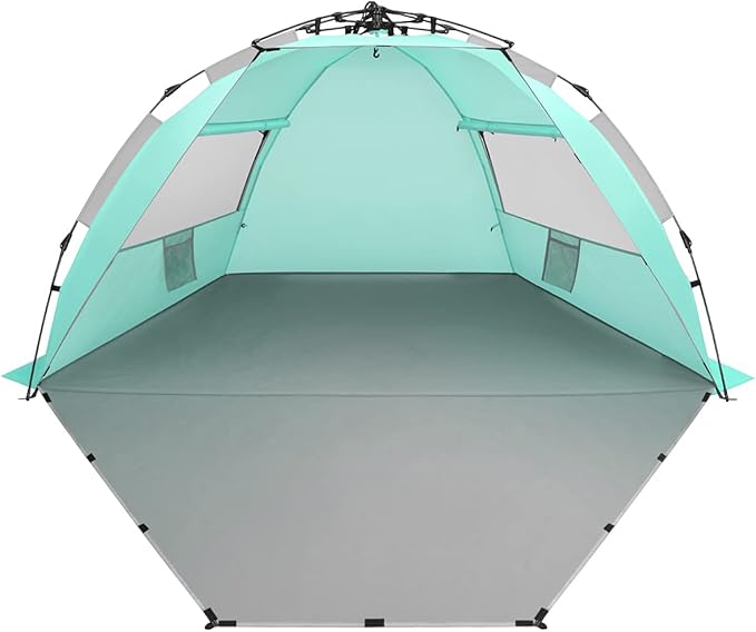 Oileus X-Large 4 Person Beach Tent Sun Shelter - Portable Sun Shade Instant Tent for Beach with Carrying Bag, Stakes, 6 Sand Pockets, Anti UV for Fishing Hiking Camping, Waterproof, Light Green