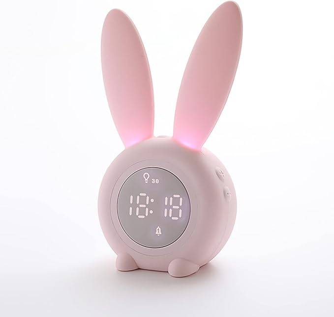 KDtech Kids Alarm Clock with Night Light 6 Ringtones, Cute Pink Bunny Digital Alarm Clock for Kids, Touch Control and Rechargeable Sleep Trainer Clock for Boys Girls Bedroom
