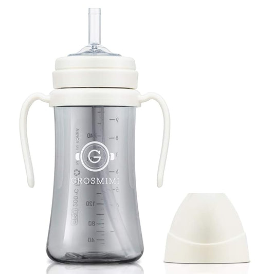 GROSMIMI Spill Proof no Spill Magic Sippy Cup with Straw with Handle for Baby and Toddlers, Customizable, PPSU, BPA Free 10 oz (White)