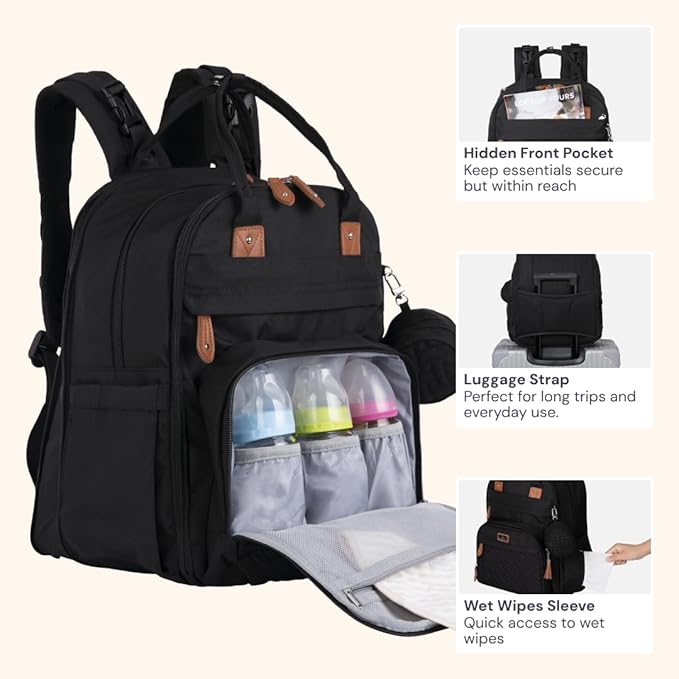 BabbleRoo Extra Large Diaper Bag Backpack, Expandable Baby Bag with Up to 50% More Capacity - Travel Essentials Baby Bag Tote with Changing Pad, Stroller Straps & Pacifier Case - Unisex, Black