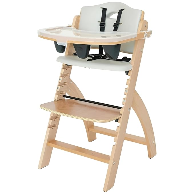 Abiie Beyond Junior Wooden High Chair with Tray - Adjustable and Convertible High Chair for Babies and Toddlers - 6 Months to 250 Lb - Water Resistant - Natural Wood/Dove Grey Cushion