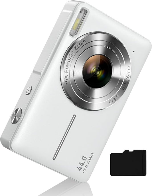 Digital Camera for Kids and Starters, FHD 1080P Point and Shoot Camera with 32GB Card 16X Zoom Anti Shake, Gift for Boys Girls Kids, White