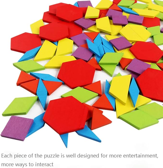 155 Pcs Wooden Pattern Blocks Set Geometric Shape Puzzle Kindergarten Classic Educational Montessori Tangram Toys for Kids Ages 4-8 with 24 Pcs Design Cards