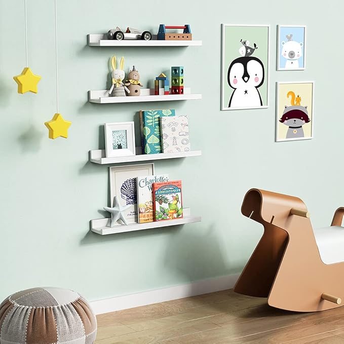 Forbena 24 Inch White Floating Shelves for Wall Set of 4, Wood Nursery Book Shelves for Kids Bedroom, Long Picture Ledge Shelf with Lip for Living Room Bathroom Office and Baby Wall Bookshelf