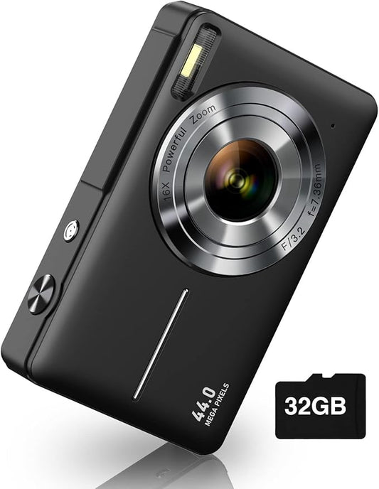Digital Camera, Camkory FHD 1080P Kids Camera 44MP Point and Shoot Digital Cameras with 32GB SD Card, 16X Zoom, Two Batteries, Lanyard, Compact Small Camera for Kids Boys Girls