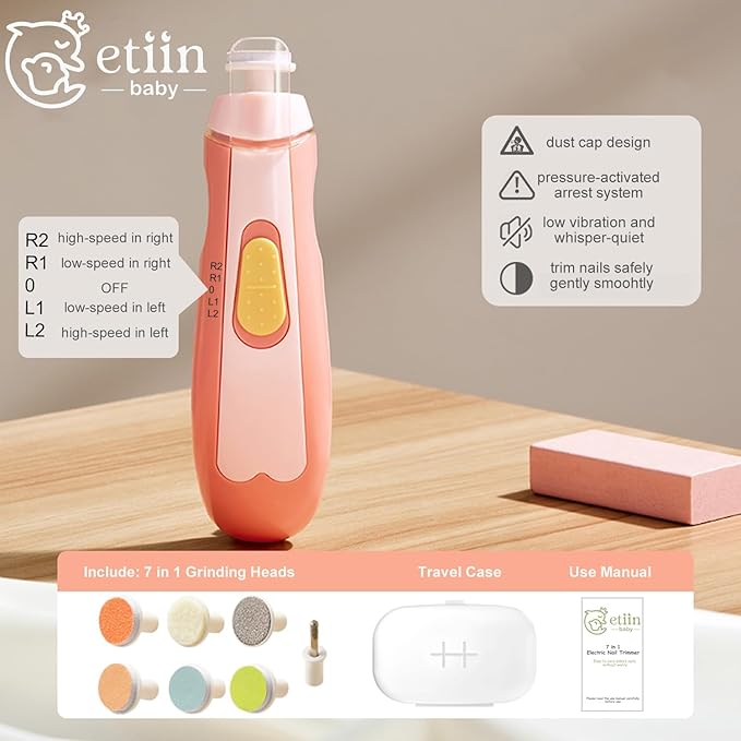 Baby Nail Trimmer Electric | Safe + Easy Baby Nail Trimmer, Baby Nail Clippers + Nail Filer Buffer, Trim Polish Grooming kits for Newborn Toddler or Adults’ Nails, 7 Grinding Heads and LED Light