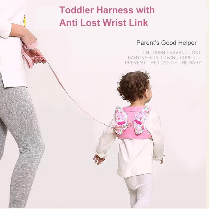 Anti Lost Toddler Harness - Butterfly Baby Leash and Wrist Link with Lock, Child Walking Harness Assistant for Girls, Cute Traction Safety Leash for Kids, Holiday Travel Christmas Gift, Pink
