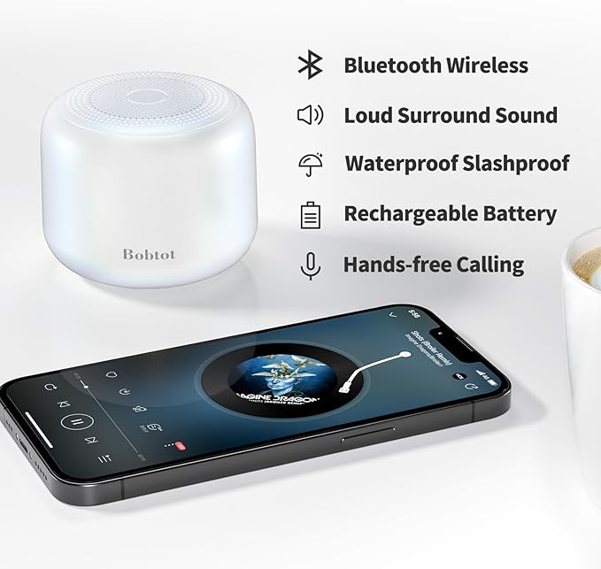 Bobtot Portable Bluetooth Speakers with Strap Easy to Carry, Wireless IPX5 Waterproof Mini Speaker with Loud Stereo Sound, 20 Hours Playtime, Rechargeable Battery, Built-in Microphone, White