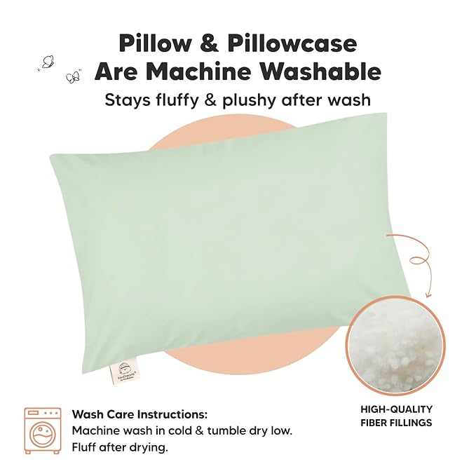 KeaBabies Toddler Pillow with Pillowcase, Jumbo 14X20 - Soft Organic Cotton Toddler Pillows for Sleeping - Machine Washable - Perfect for Travel, Toddler Bed Set (Sage)