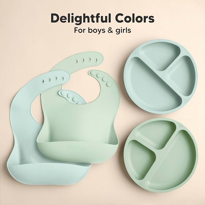 KeaBabies 2-Pack Silicone Baby Bibs for Eating - Sturdy Food-Grade Silicone Bibs for Babies Girl, Boy, Large Food Catcher, Clean & Put On Easily, Waterproof Toddler Feeding Essentials(Pastel Sky)