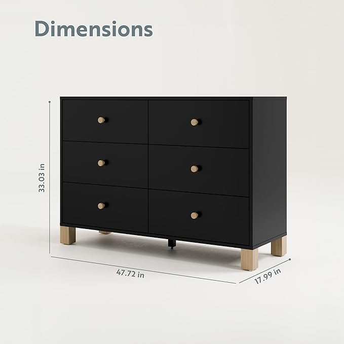 Storkcraft California 6-Drawer Double Dresser (Black with Driftwood) - GREENGUARD Gold Certified, Interlocking Drawer System, Dresser Drawer Organizer for Kids Bedroom