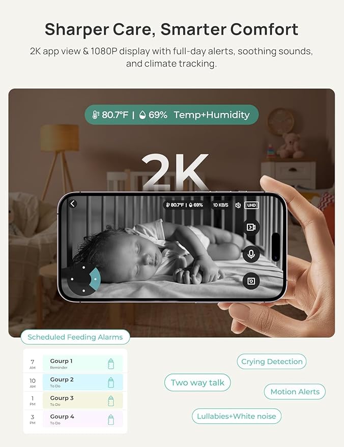 VistaView Smart WiFi Baby Monitor - 5” 1080P Split Screen & 2K Camera App Control, Cry & Motion Alerts, HD Night Vision, 5000mAh Battery, 2-Way Talk, Multi-User, Triple Security, 1279ft Range