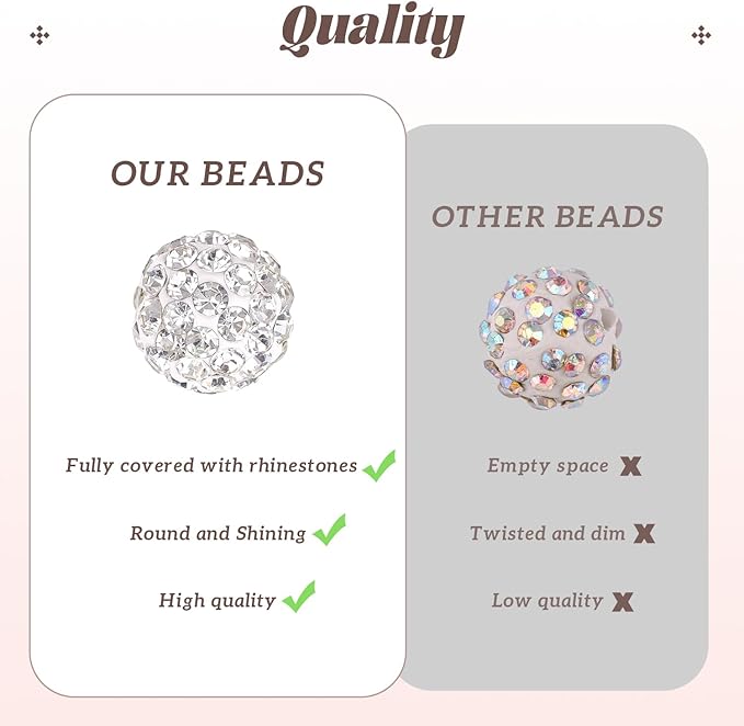 105pcs 10mm Rhinestone Beads for Jewelry Making, Light Peach Shiny Round Disco Ball Beads Bulk, Sparkle Crystal Clay Christmas for Bracelet Baseball Necklace Earring Crafting and DIY