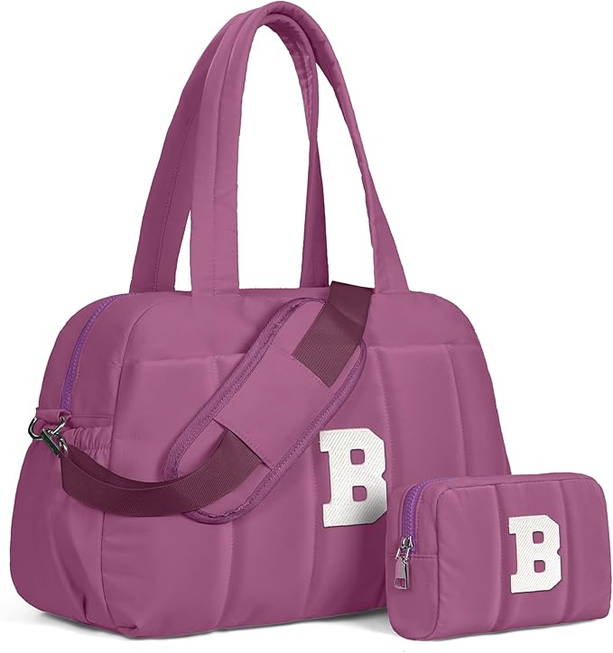 Duffle Bag with Initial, Spend The Night Bags for Women，Gifts for Women-Overnight Bag with Wet Pocket，Lightweight Travel Bags Personalized Gym Tote with Makeup Pouch