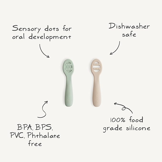 mushie Silicone First Feeding Baby Spoons | 2 Pack (Blush/Shifting Sand)