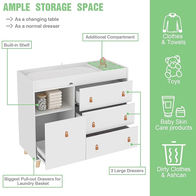 Baby Dresser Changing Table with Drawers,Shelf,Hidden Laundry Basket Storage,2 in 1 Nursery Dresser Chest for Infants, Baby Diaper Changing Station for Daycare,Bedroom,White
