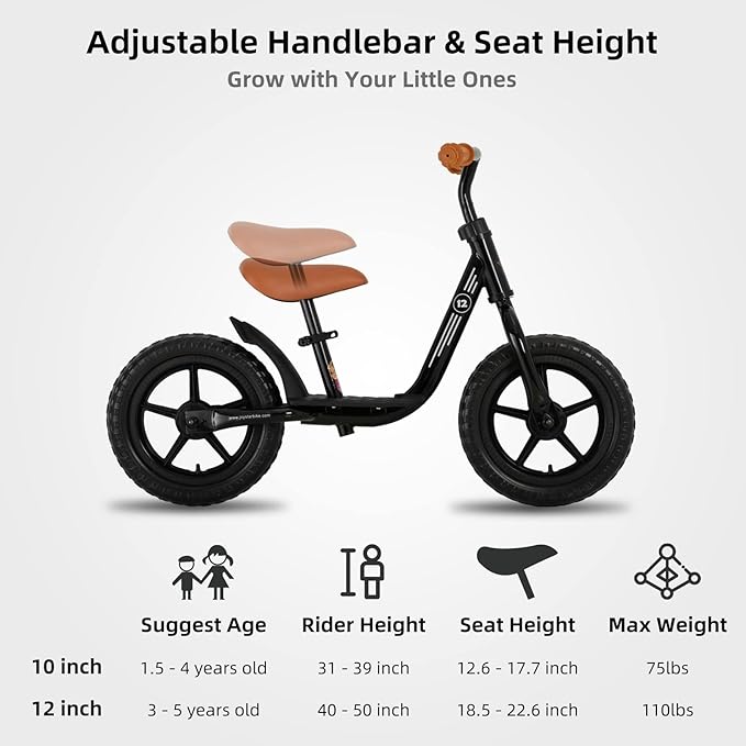 JOYSTAR 10"/12" Toddler Balance Bike for Girls & Boys, Ages 18 Months to 5 Years, Kids Push Bike with Footrest & Adjustable Seat Height, First Birthday Gifts for 2-5 Boys Girls