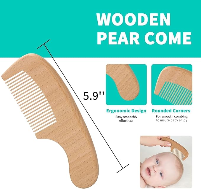 Goat Baby Hair Brush Set, Safe Natural Hair Care Kit with Wooden Soft Goat Bristles Hairbrush Comb Green Silicone Bath Brush for Newborns Toddlers (4pcs Set)