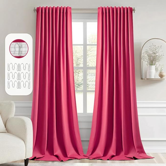 MIULEE Hot Pink Back Tab Blackout Curtains 102 Inch Long 2 Panels Set for Bedroom, Rod Pocket/Pinch Pleated Thermal Insulated Living Room Darkening Light Blocking Floor to Ceiling Drapes