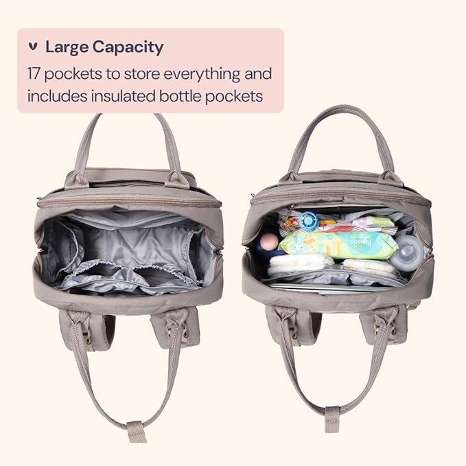 BabbleRoo Diaper Bag Backpack - Baby Essentials Travel Tote - Multi Function Waterproof Diaper Bag, Travel Essentials Baby Bag with Changing Pad, Stroller Straps & Pacifier Case - Unisex, Khaki