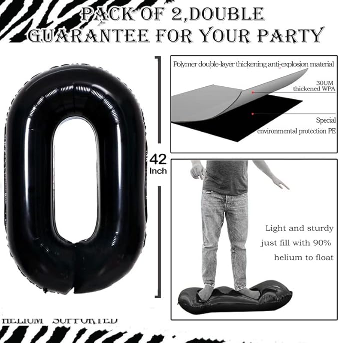 GOER 2 Pcs 42 Inch Black Foil Balloons Number 0 for 10th 20th 30th 40th 50th 60th 70th 80th 90th 100th Birthday Party Supplies Anniversary Decorations