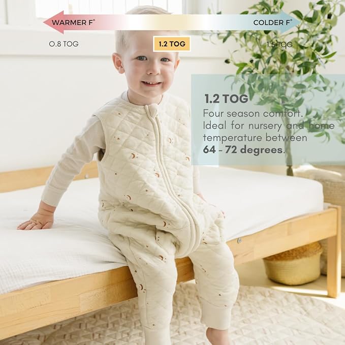 Tealbee Dreamsuit: Toddler Sleep Sack with Feet 2T-3T - 1.2 TOG All Season Baby Wearable Blanket for Walkers - Rayon made from Bamboo, Organic Cotton Sleep Bag - Moons Stars