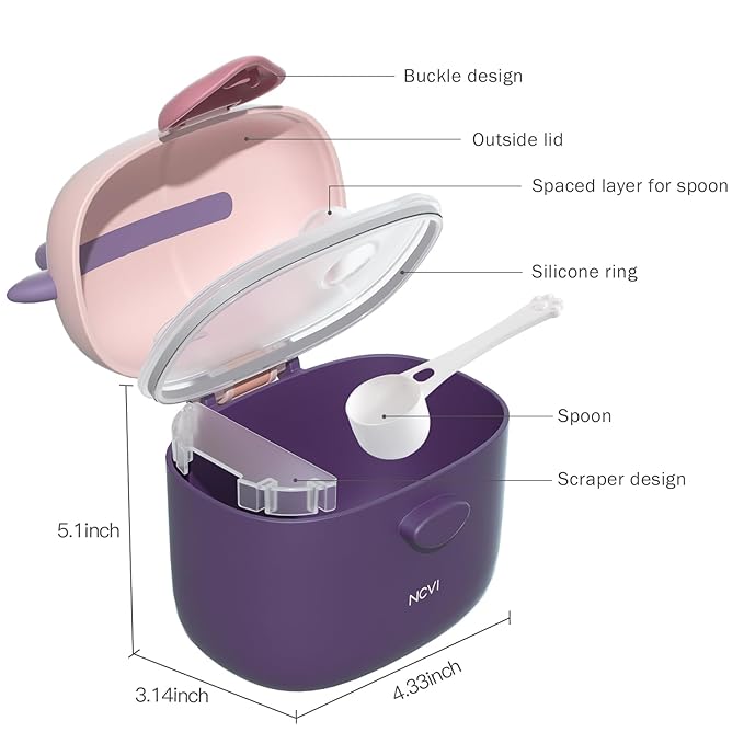NCVI Baby Formula Dispenser On The Go, Formula Container To Go, Formula Holder for Travel, Outdoor Picnic with Baby Infant, Portable Container for Milk Powder, Snacks, Candy, Fruits (Purple)