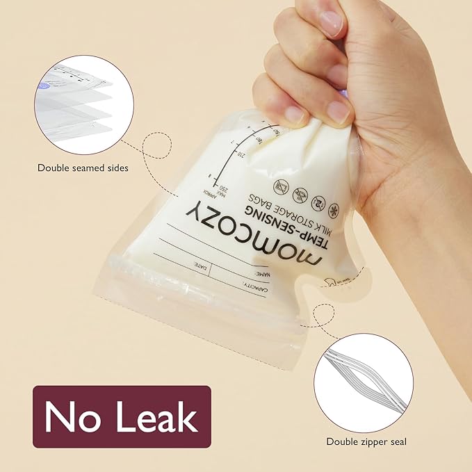 Momcozy Easy Pour Breastmilk Storage Bag, 8Oz, Temp-Sensing Color Change, 120 Count Milk Bag with Self Standing for Breastfeeding, No Leak Presterilized for Freezer, Recyclable & BPA Free