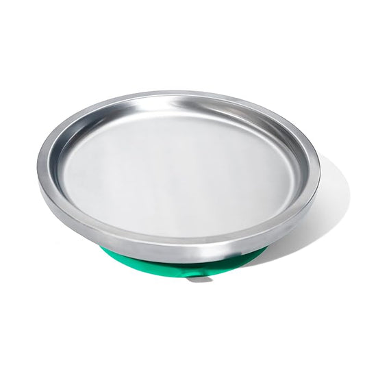 Avanchy Open Baby Plates with Suction – Stainless Steel Divided Plates for Toddlers, BPA-Free, Dishwasher Safe, Unbreakable, Non-Toxic, 100% Silicone Suction – Green