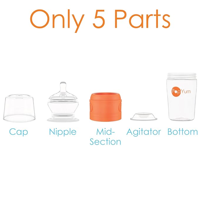 PopYum Orange Formula Making Baby Bottle Starter Set, 4-Pack, 2X 5oz Bottles with #1 Slow Flow Nipples + 2X 9oz Bottles with #2 Medium Flow Nipples