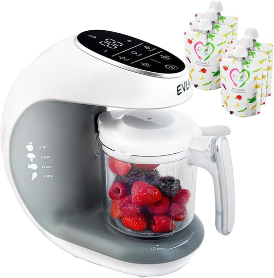 EVLA'S Baby Food Maker, Steamer, Blender, Baby Food Processor for Healthy Homemade Baby Food in Minutes, Touch Screen with 6 Reusable Food Pouches, Baby Registry Essential, White