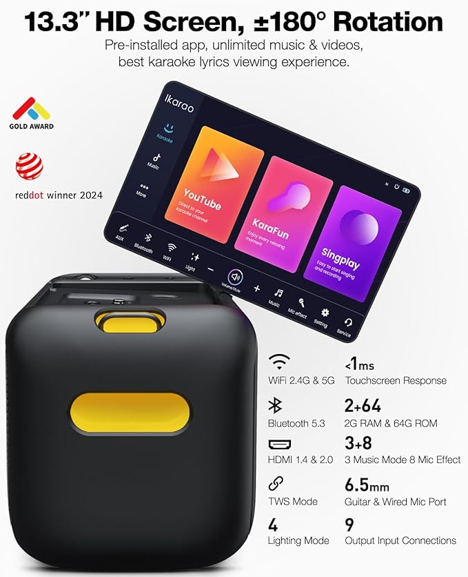 Karaoke Machine for Adults, with Lyrics Display Built-in 13.3" Screen, Truly All in One Karaoke Machine with 2 Wireless Microphone (Hidden & Self Charging), 460W Bluetooth Speaker for Party, TV