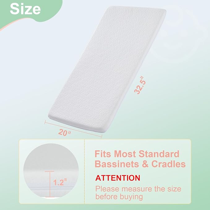 Bassinet Mattress Topper, Gel Memory Foam Mattress with Removable Cover Fit for Baby Delight Beside Me Dreamer Bassinet (32.5" x 20"), Waterproof Breathable Soft Bassinet Mattress