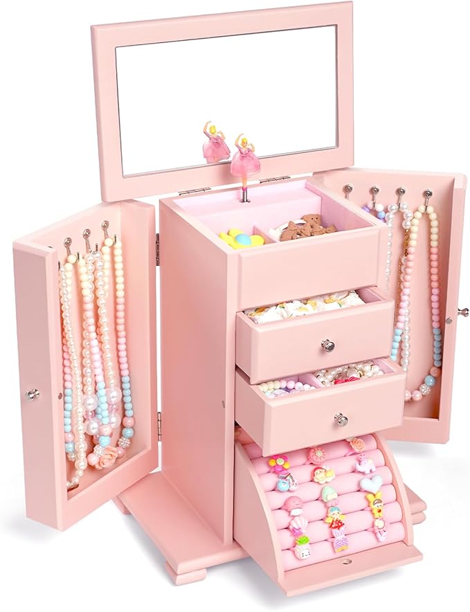 Musical Jewelry Box for Girls, Large Kid Music Box with Ballerina for Birthday Bedroom Decor, 5 Layer Girl Jewelry Gifts for Girls Kids - Pink
