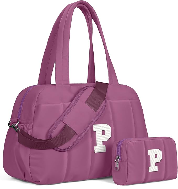 Duffle Bag with Initial, Spend The Night Bags for Women，Overnight Bag with Wet Pocket，Gifts for Friends-Lightweight Travel Bags Personalized Gym Tote with Makeup Pouch