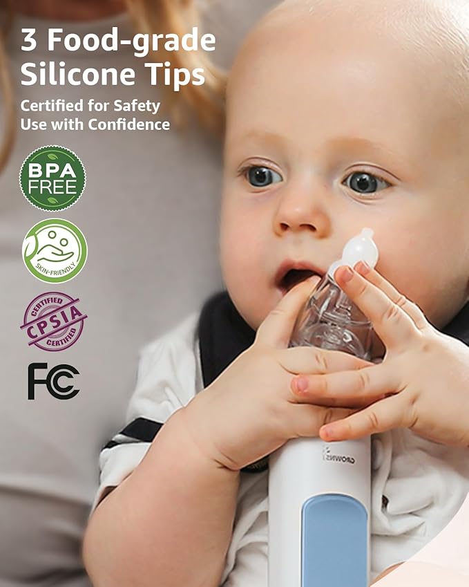 GROWNSY Nasal Aspirator for Baby with 2 Larger Suction Chambers and 6 Food-Grade Soft Silicone Tips, Blue
