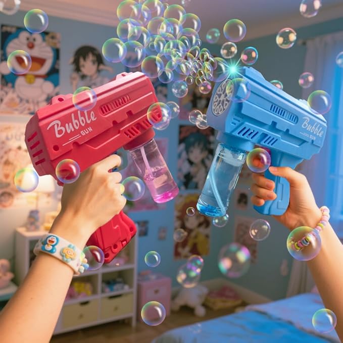 2 Pack Kids Bubble Gun，Automatic Light Up Bubble Machine with 2 Bottles Refill Solution，Bubble Guns Blaster for Toddlers，Outdoor Bubble Blowing Toys, Easter Basket Essentials,Party，Birthday Gifts
