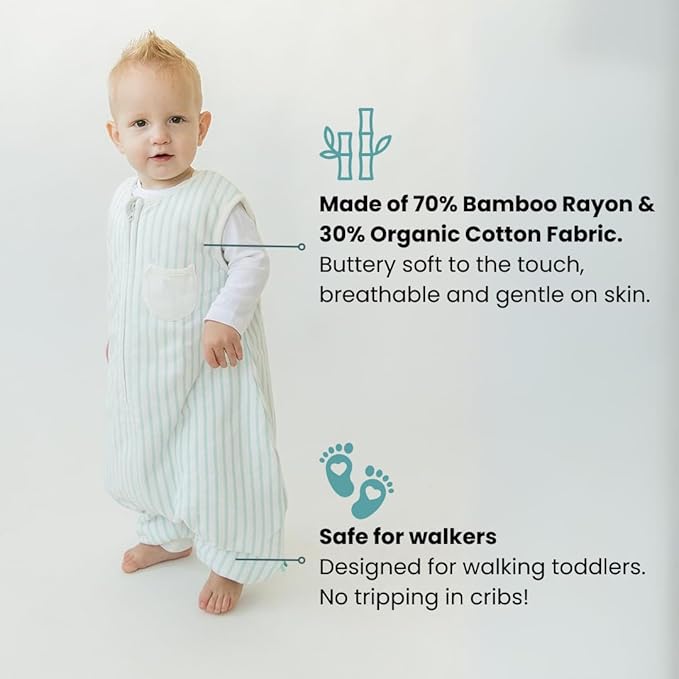 Tealbee Dreamsuit: Toddler Sleep Sack with Feet 12-18 months, 18-24 months - 1.5 TOG Winter Baby Wearable Blanket for Walkers - Rayon made from Bamboo, Organic Cotton Sleep Bag - Minty Stripes