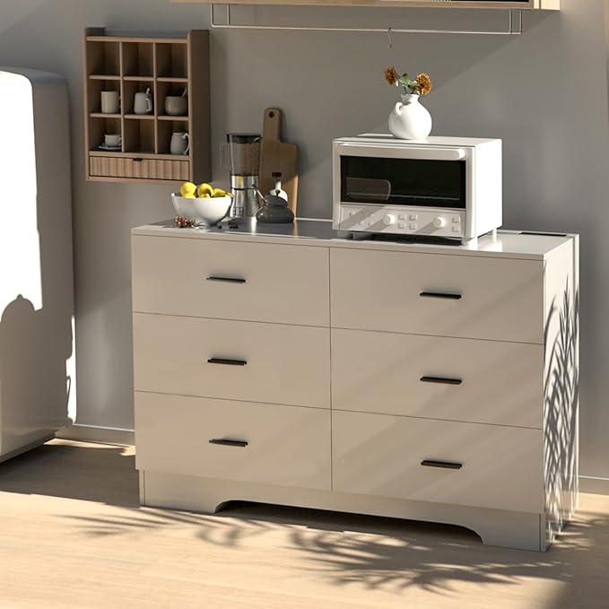 Dresser with Power Outlets Wooden 6 Drawer Dresser with USB and Type C Port Chest of Drawers for Bedroom Tall White Storage Organizer for Living Room Hallway Closet