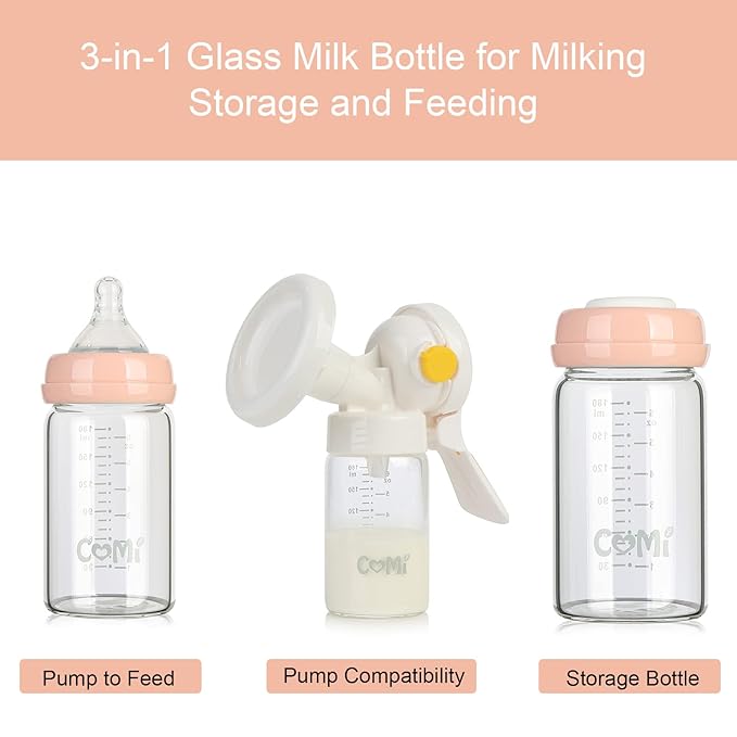 COMI Wide Neck Glass Breastmilk Collection n Storage Bottle, 4 Packs, 6oz with Screw Ring Sealing Disk; Re-markable Sealing Disc. BPA Free, Fits Breast Pumps & Nipples (4 Pink Lids)