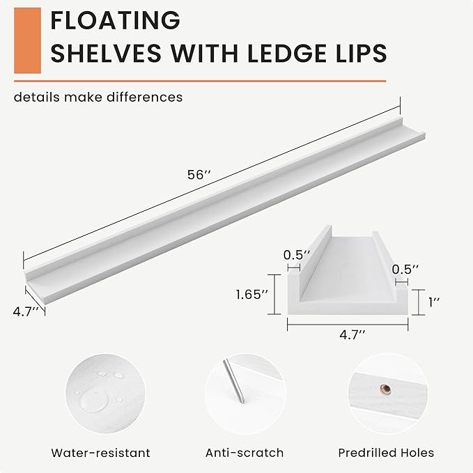 Solid Ash Wood Picture Ledge Shelf, Floating Shelves Set of 2, 56 Inch Long Large Ledge Shelves, Nursery Book Shelves Wall Mounted for Living Room Bedroom Kitchen Decor Kids Bookshelf, White