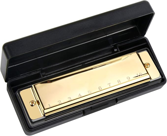UPINS 4PCS Key of C 10 Hole 10 Tones Titanium Color Harmonica with Case for Beginner(Gold, Silvery, Black, Red)