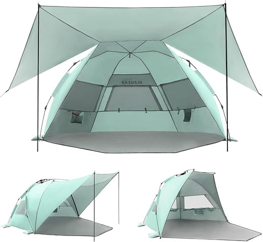Elegear Beach Tent with Canopy, 1-Second Setup Pop Up Sun Shelter Shade, UPF 50+ UV Protection Silver-Coated Lightweight Portable Beach Cabana