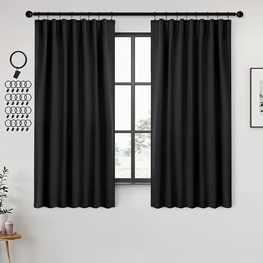 ANRODUO Back Tab Blackout Curtains for Bedroom Living Room, Rod Pocket Pinch Pleated Thermal Insulated Room Darkening Curtains 54 Inches Long 2 Panels, Black, 42 x 54 Inch