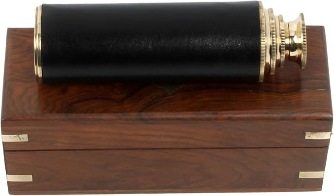 9" Pirate Telescope Handheld Brass Telescope Nautical Spyglass Monucular with Wooden Box